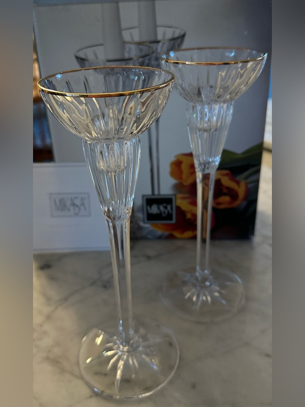 🆕 MIKASA Crystal Candlestick Holders Pair w/ Gold Rim New in Box Great Gift Rare